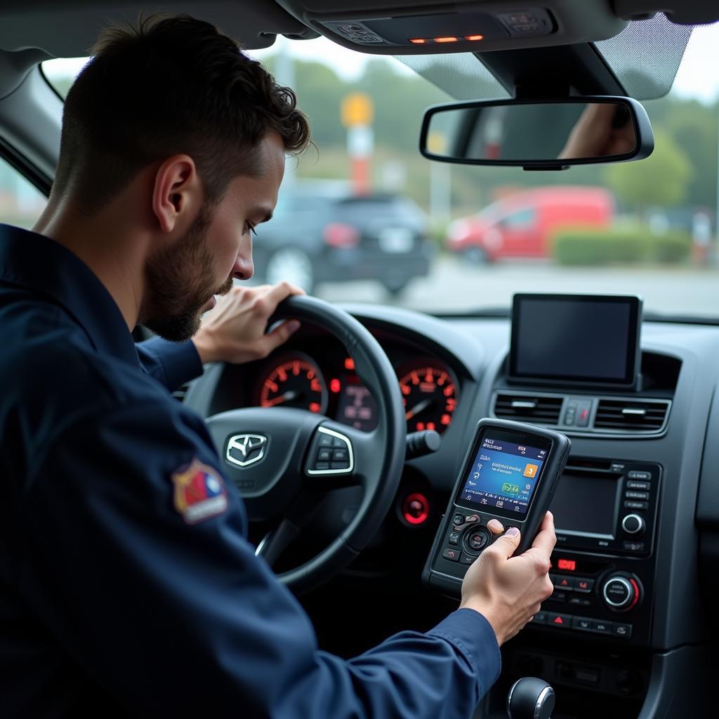 Mechanic using diagnostic equipment on a car in Eccles