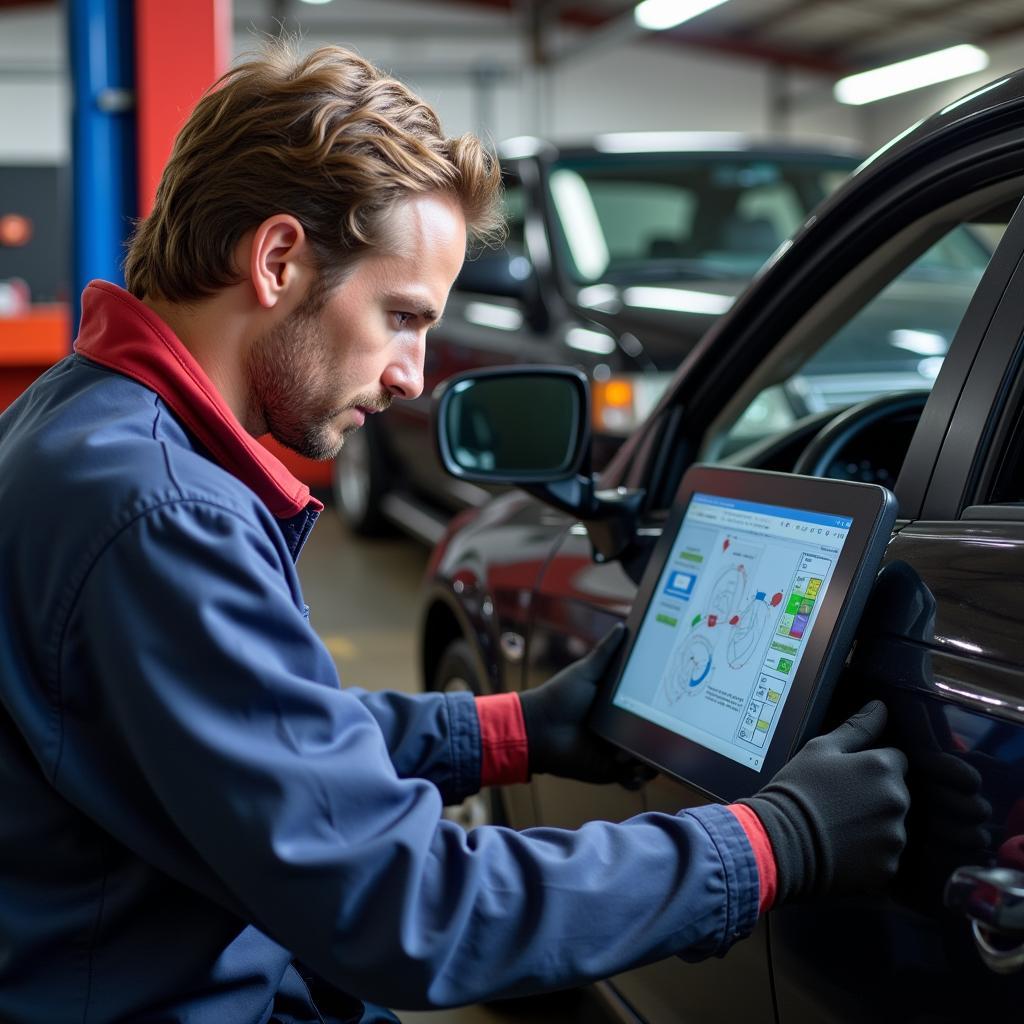 Experienced mechanic using diagnostic equipment in Greenwood