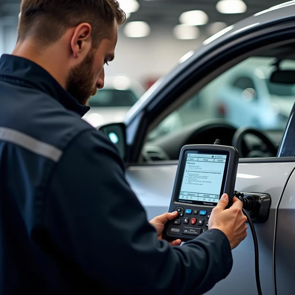 Mechanic Using Diagnostic Scanner on a Car