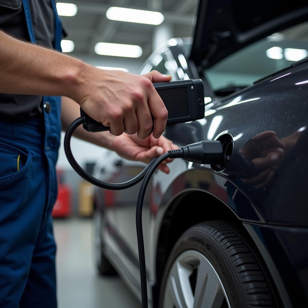 Mechanic Using a Diagnostic Scanner to Troubleshoot Service Stabilitrak Issue