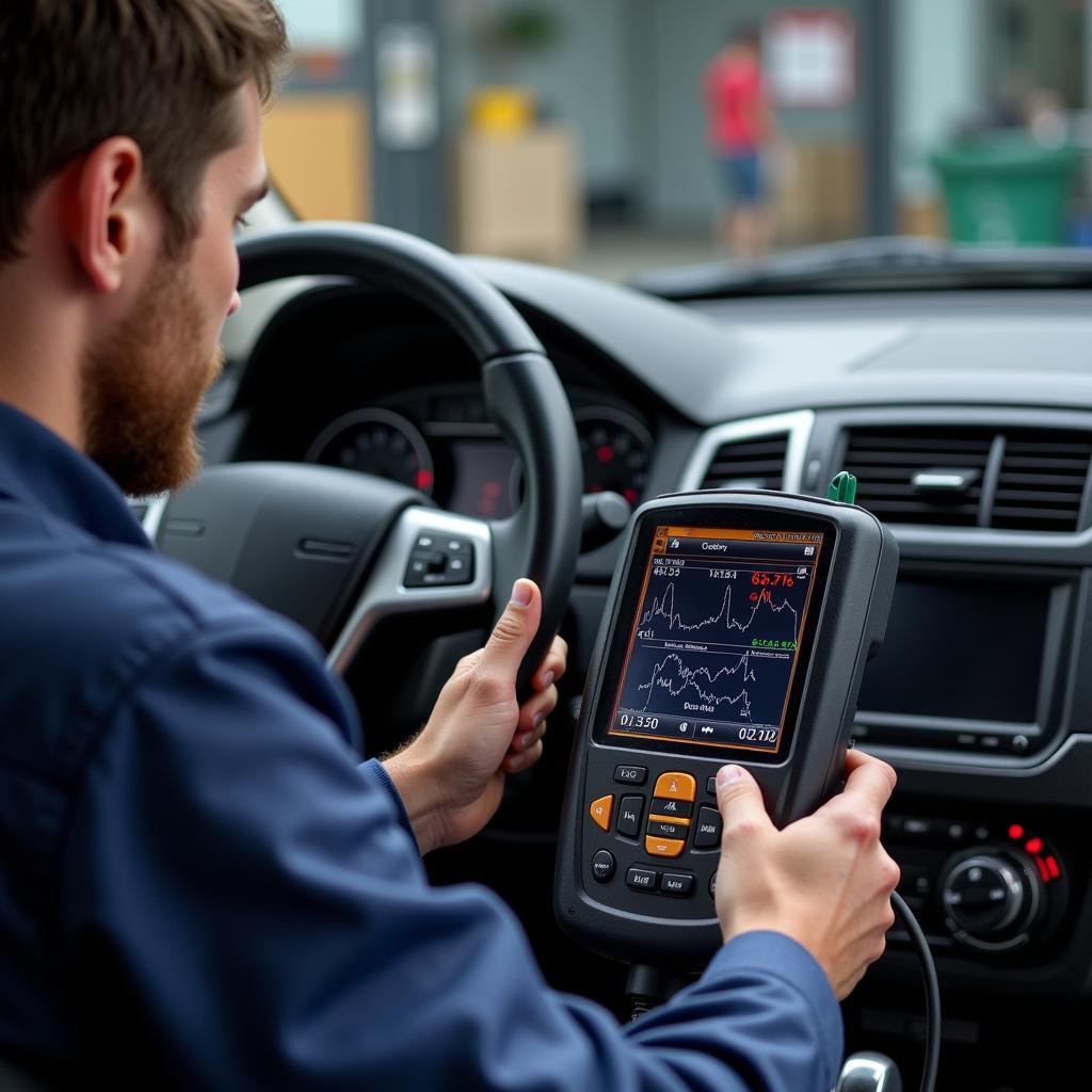 Mechanic Diagnosing a Failing Catalytic Converter using a Diagnostic Scanner