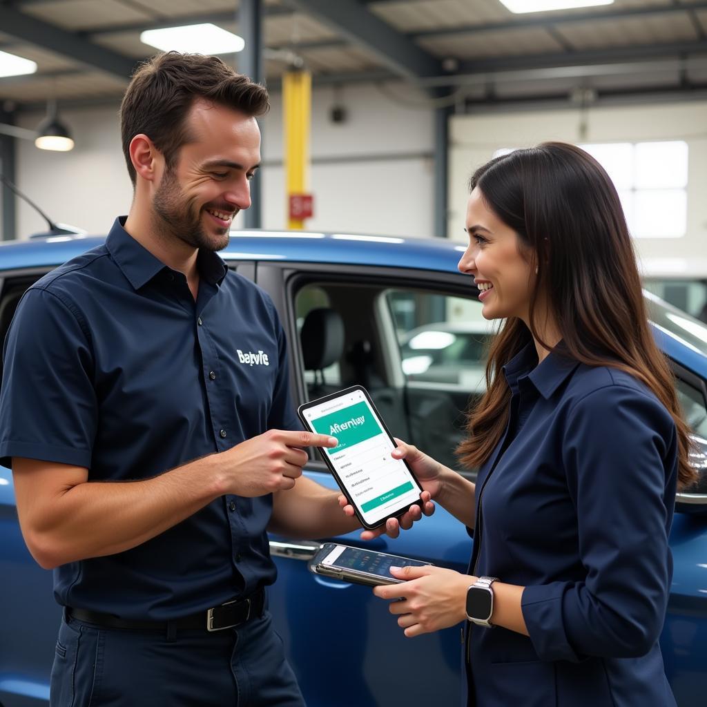 Mechanic discussing Afterpay payment options with a customer