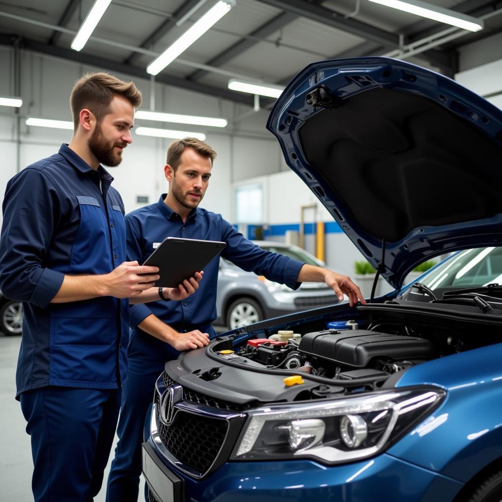 Mechanic discussing car problem with a customer