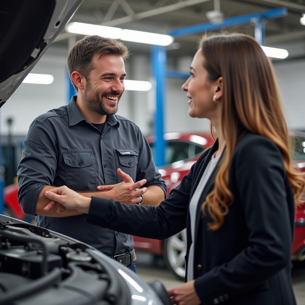 Mechanic explaining car issue to customer