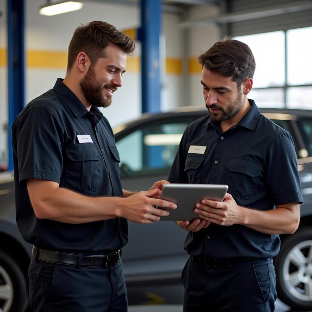 Mechanic explaining a car issue to a customer