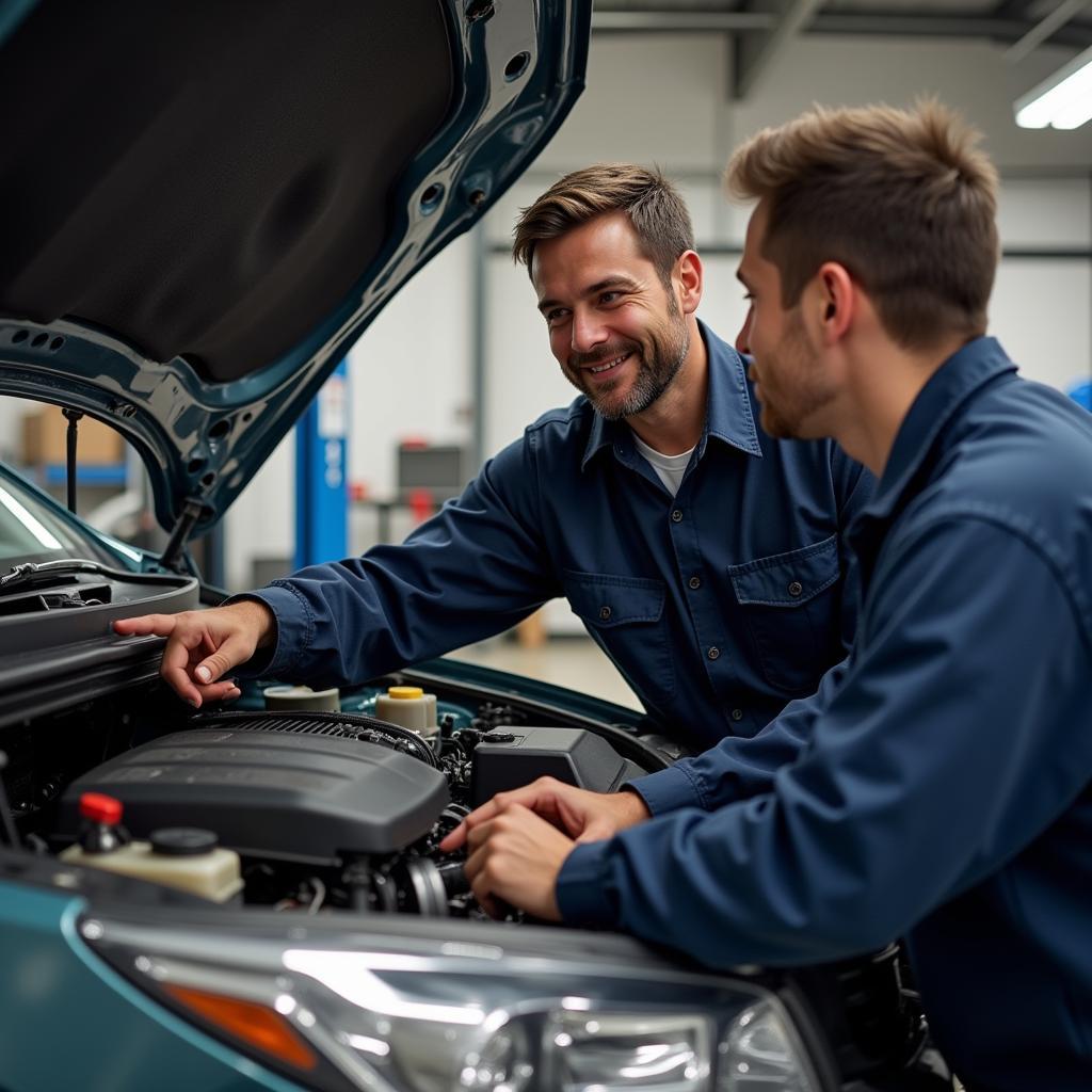 Mechanic explaining car issue to a customer