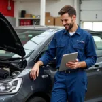 Mobile mechanic explaining a repair to a car owner