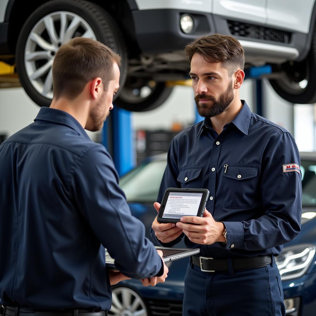 Mechanic explaining car issue to customer