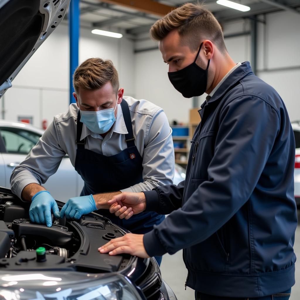 Mechanic explaining car issue to a customer wearing a mask