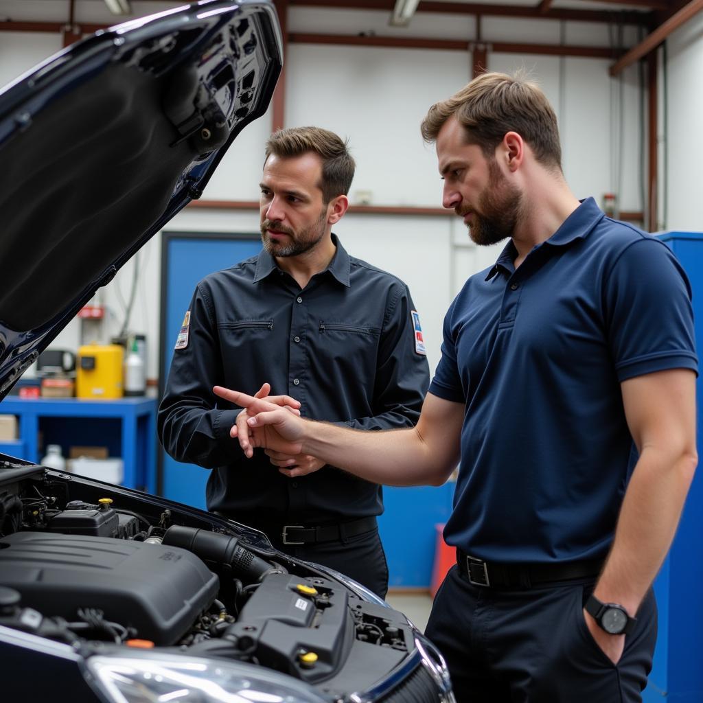 Mechanic explaining car issue to customer