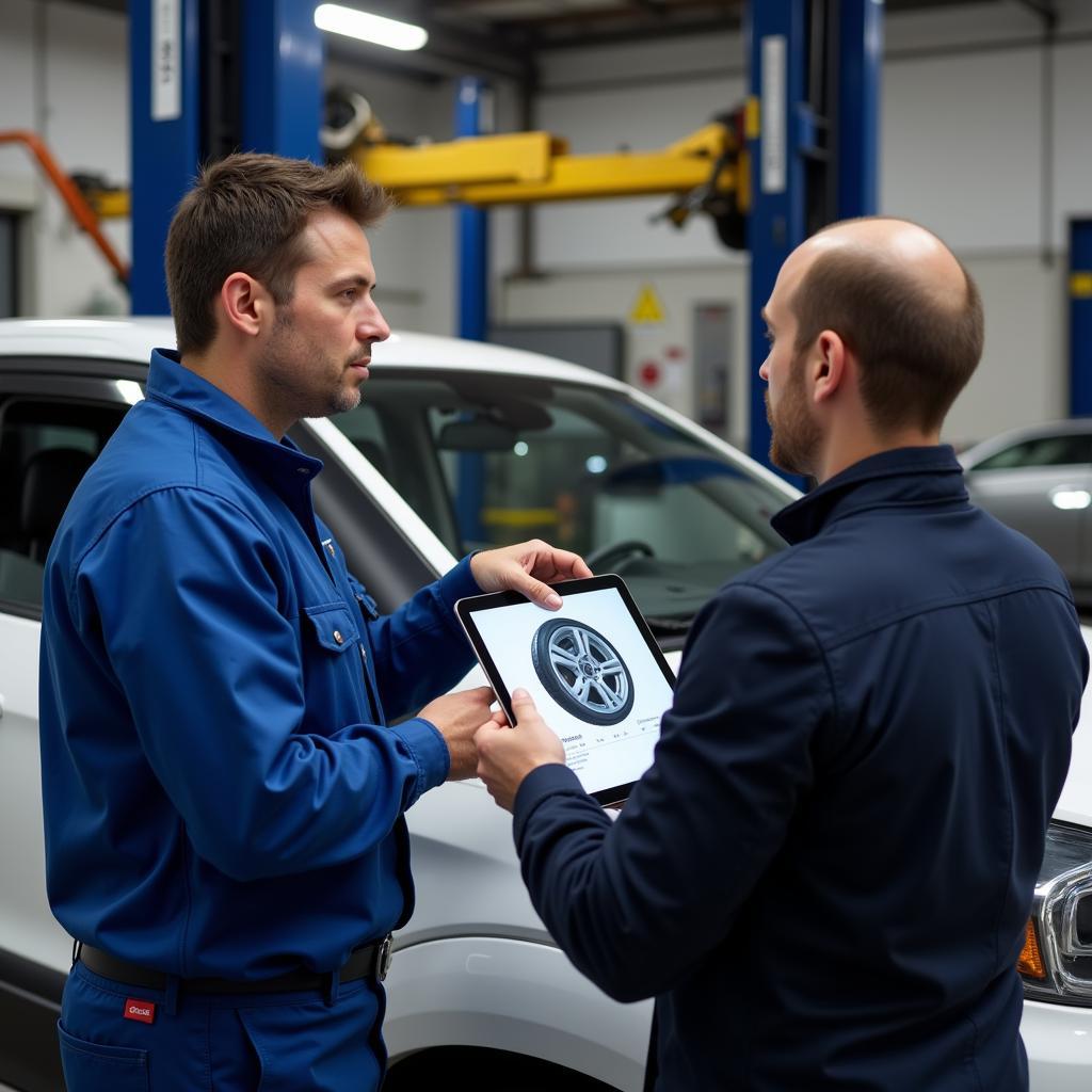 Mechanic Explaining Car Issue to Customer Using Tablet