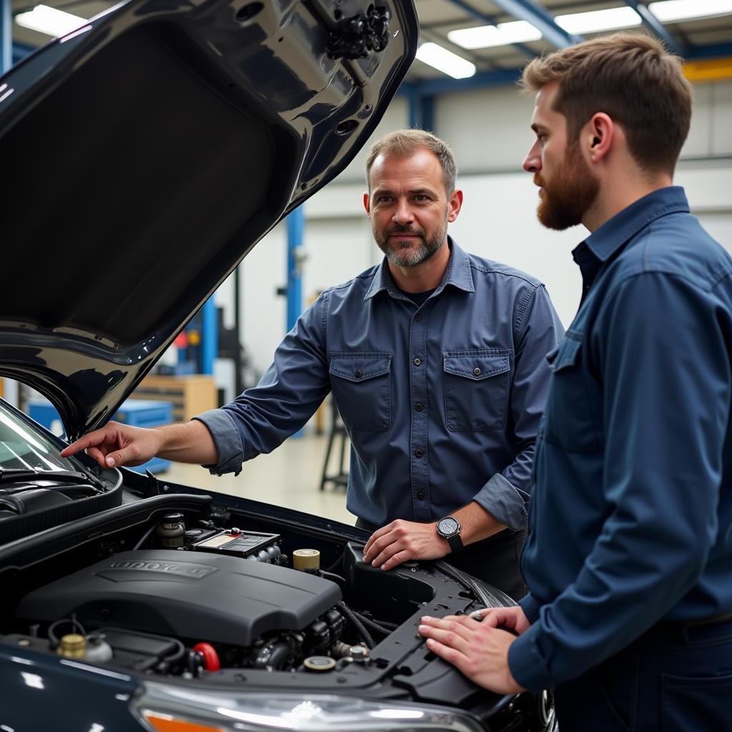 Mechanic explaining a car problem to a customer