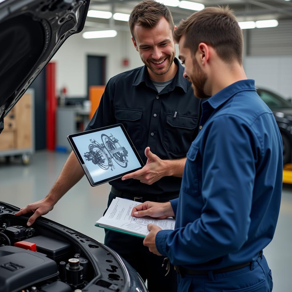 A mechanic clearly explains car repair details to a car owner