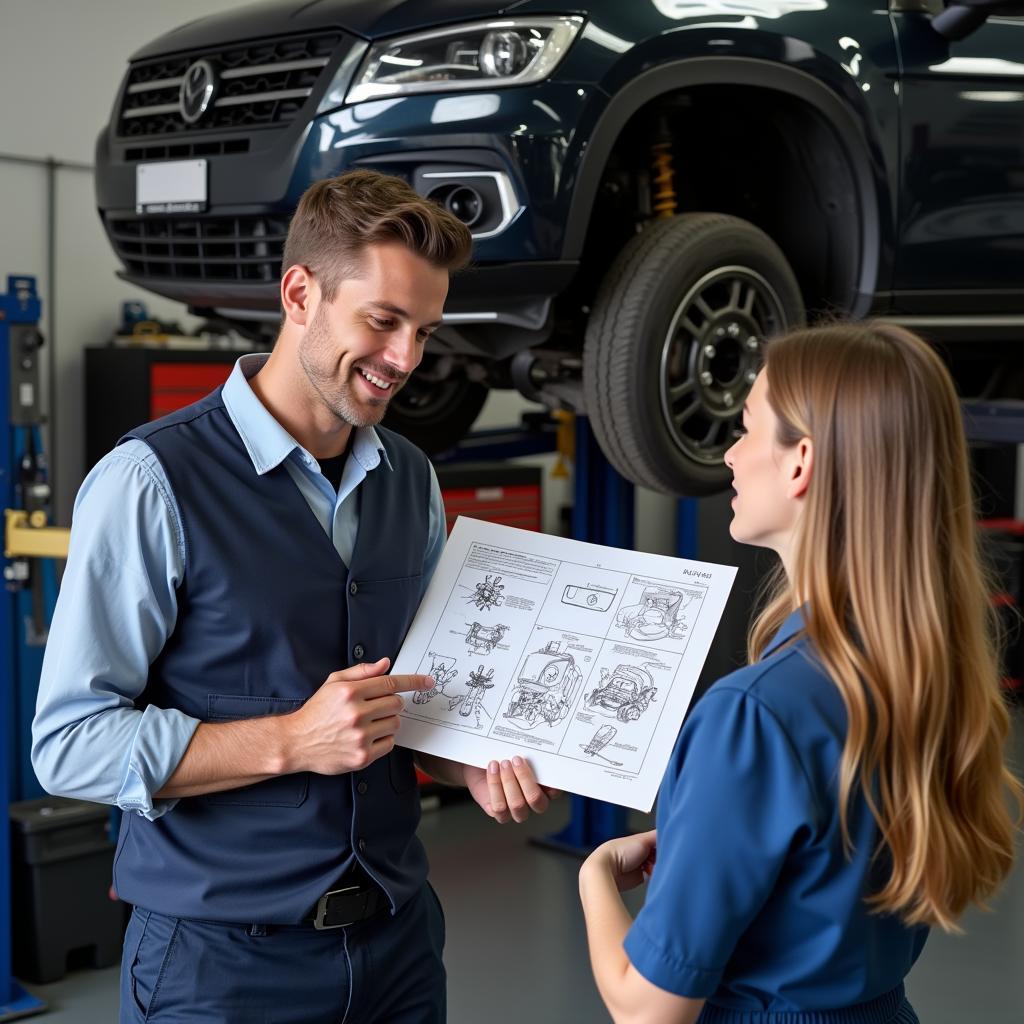 Mechanic explaining car repair to a customer