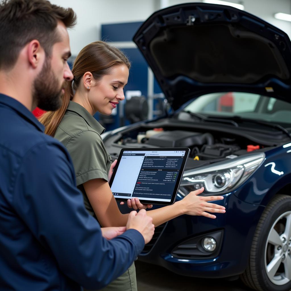 Mechanic explaining car repair to a customer using a tablet