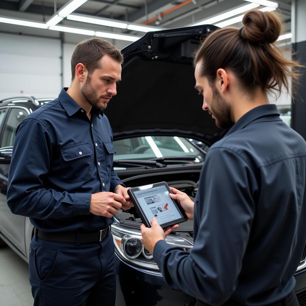 Mechanic explaining car repair to customer