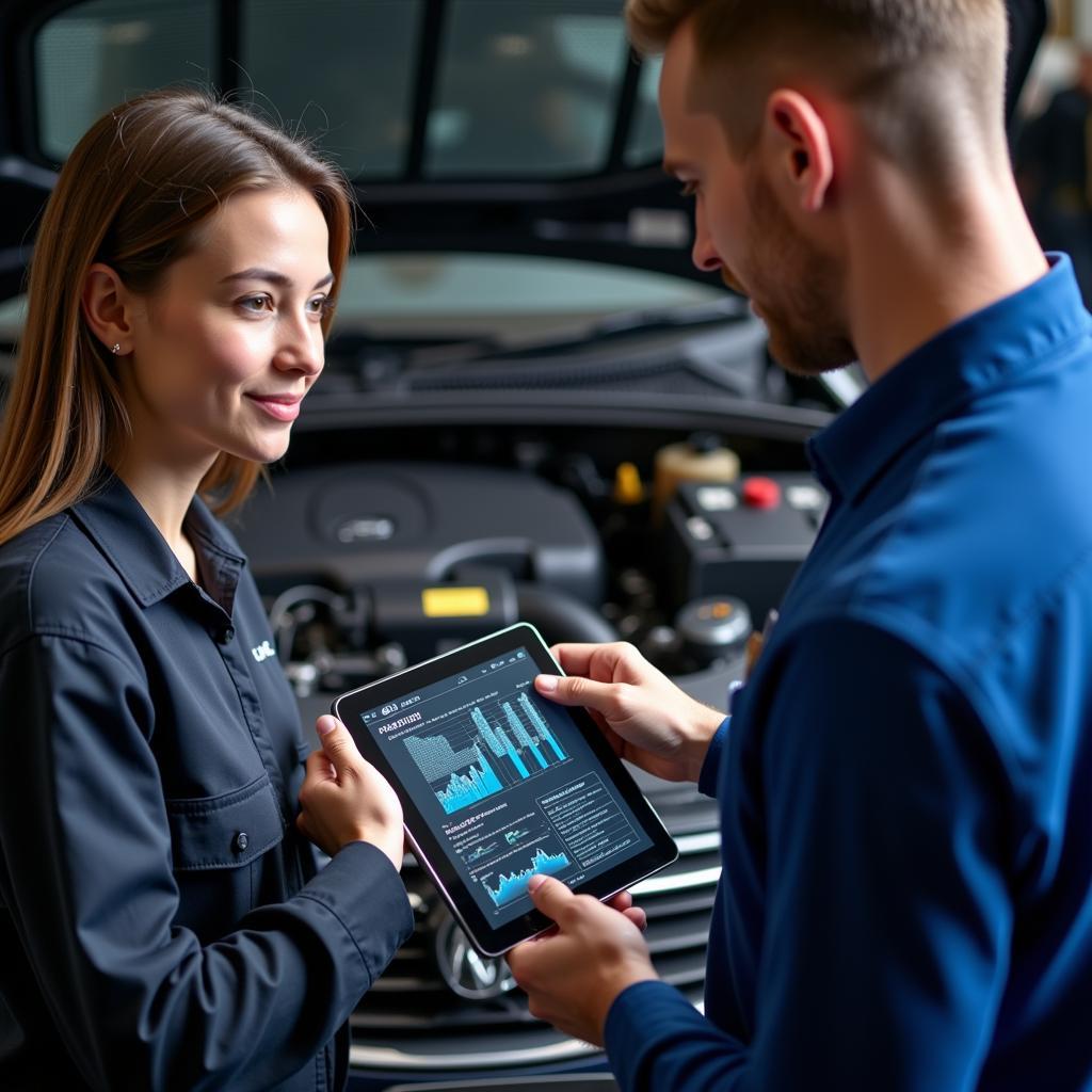 Mechanic explaining car repair to customer using a tablet