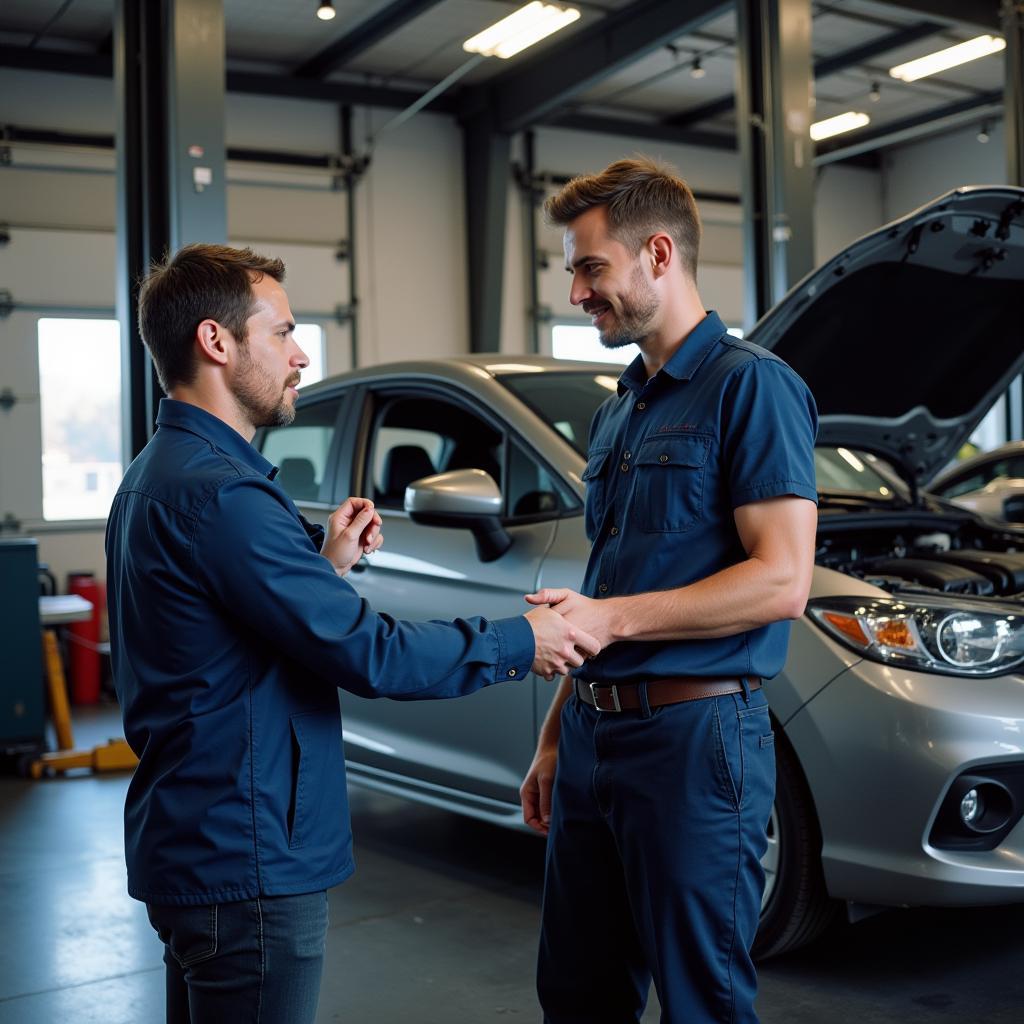 Mechanic explaining car repairs to a customer