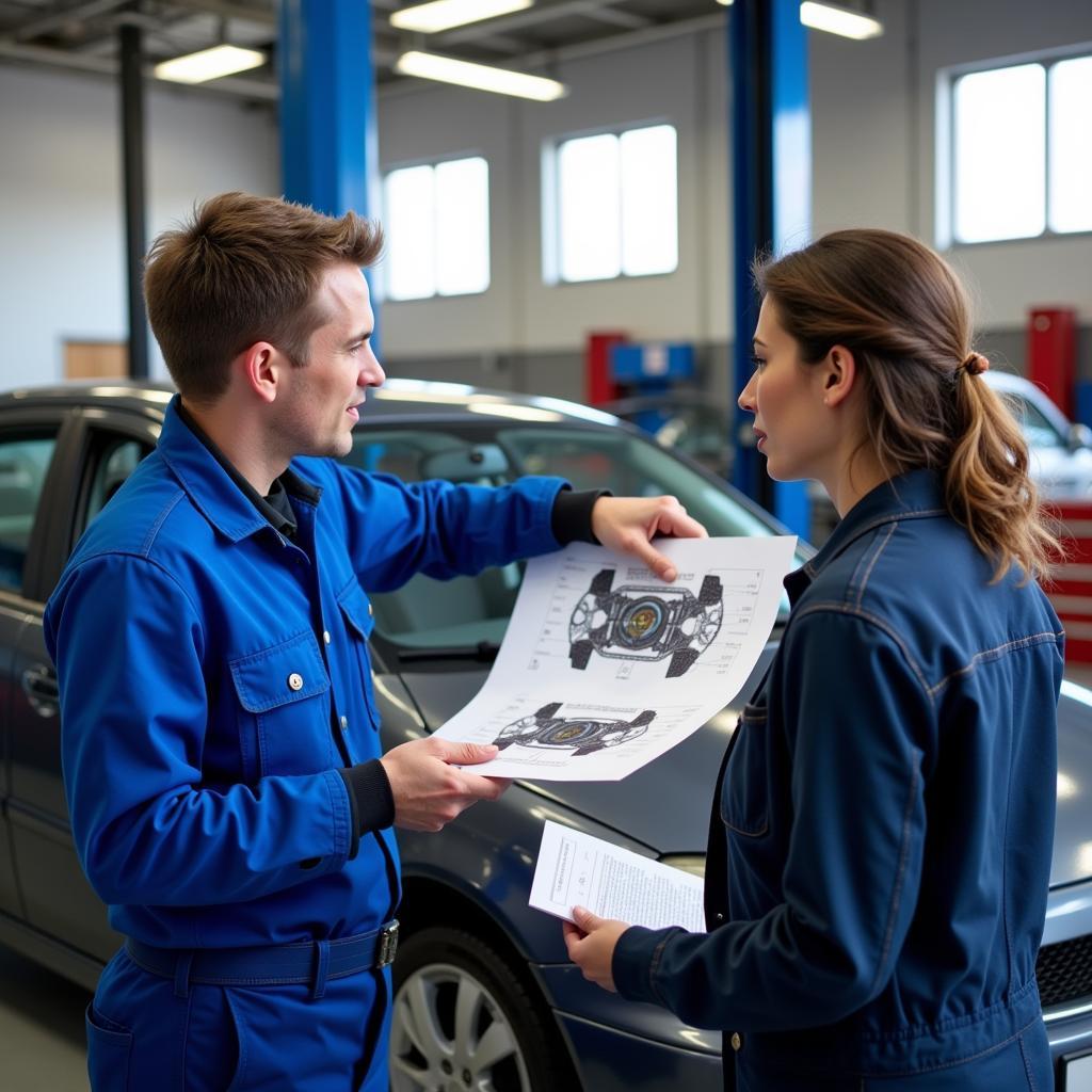 Mechanic explaining car repair details to a car owner