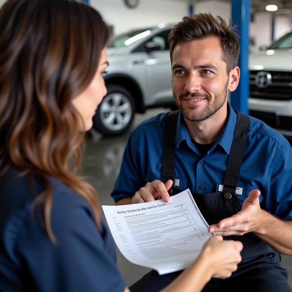 Mechanic Discussing Service Report with Customer