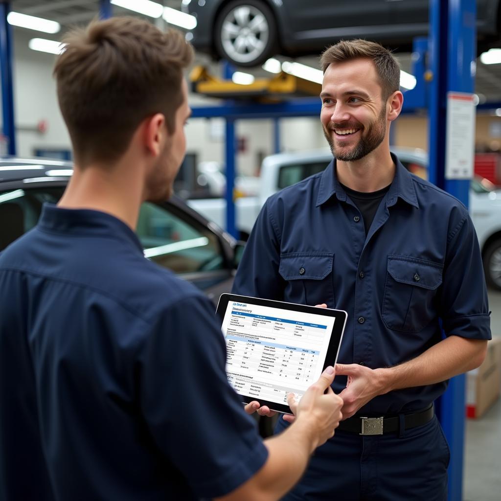 Mechanic discussing a service report with a customer