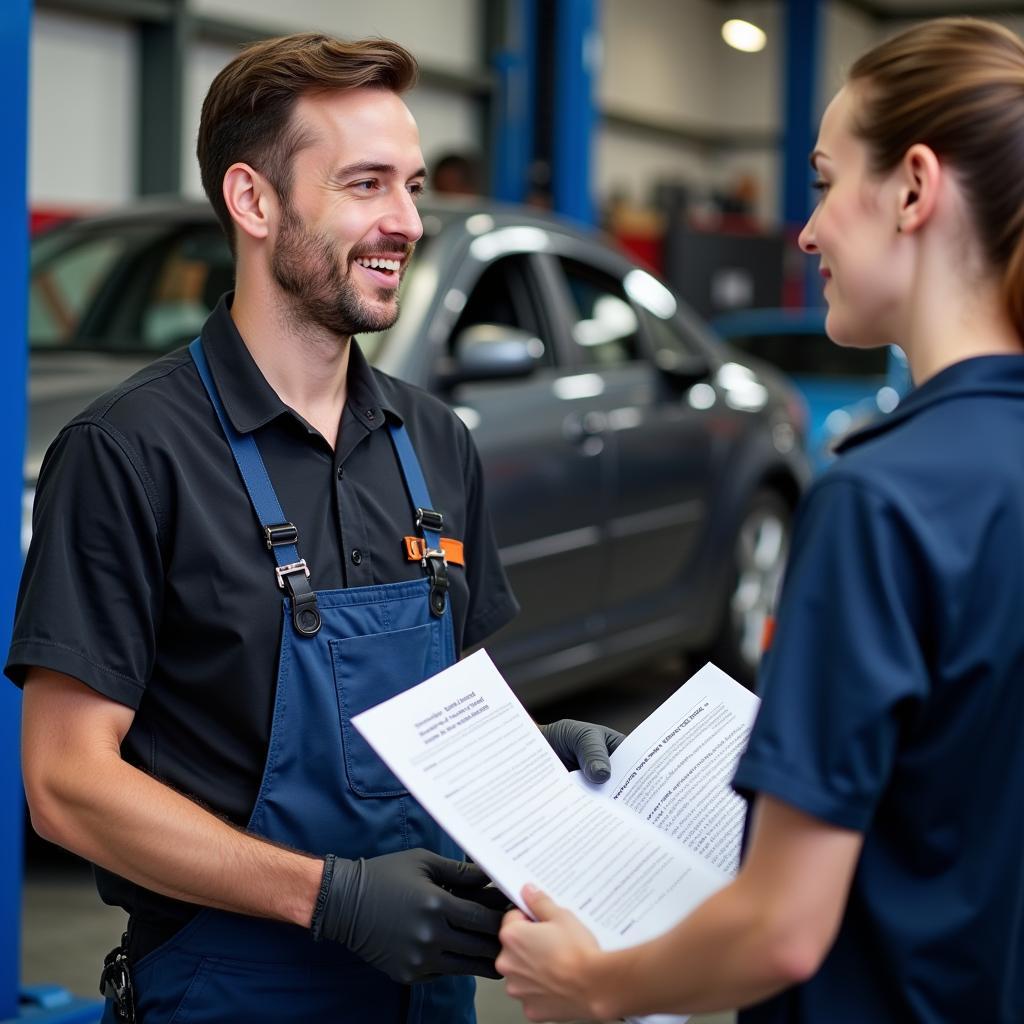 Mechanic explaining a car service report