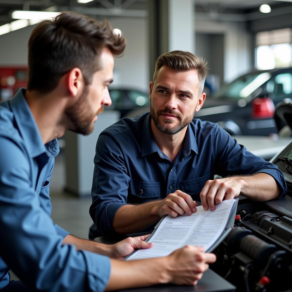 Mechanic Explaining Car Service to Customer