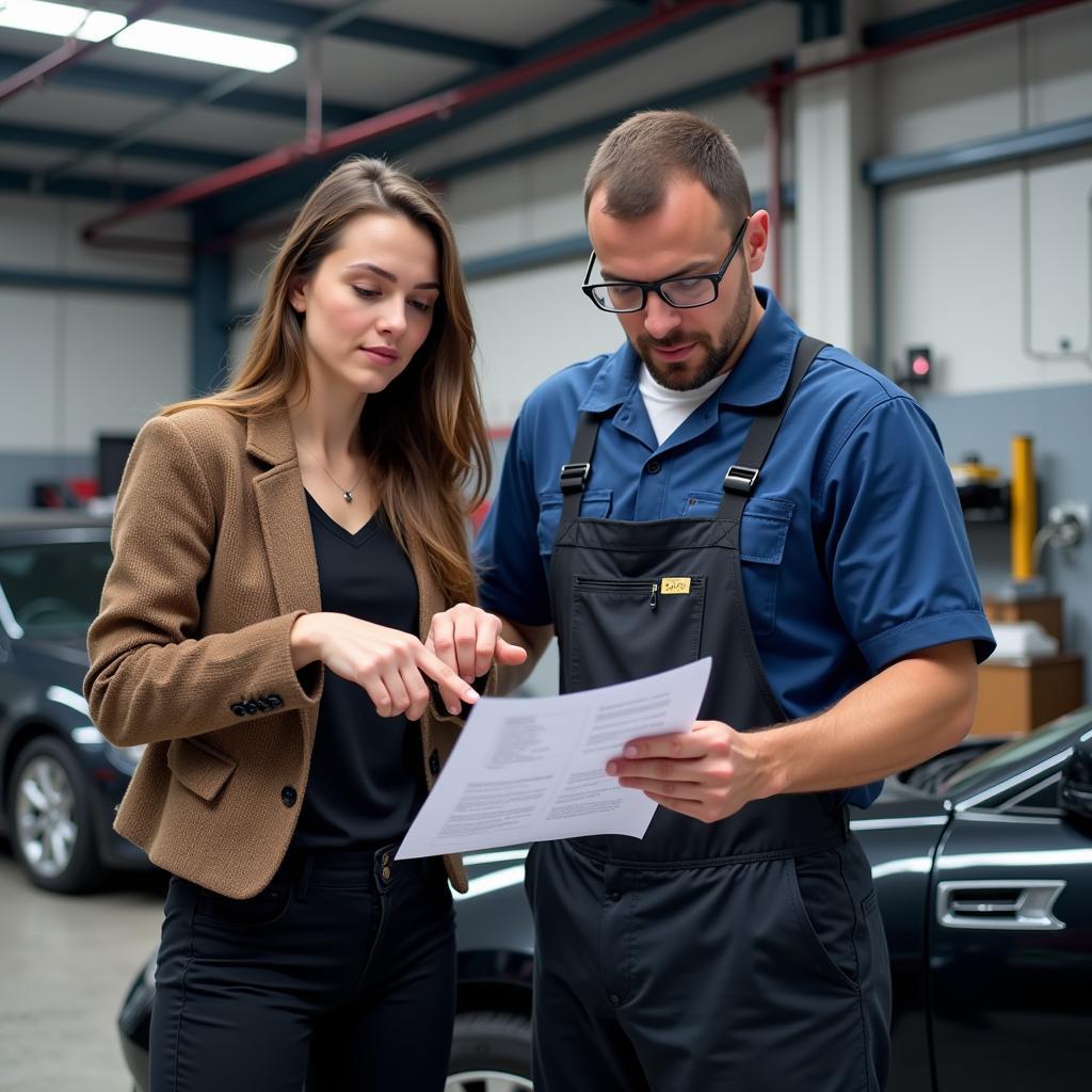 Mechanic discussing car service options with a customer