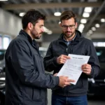 Mechanic explaining warranty details to a car owner