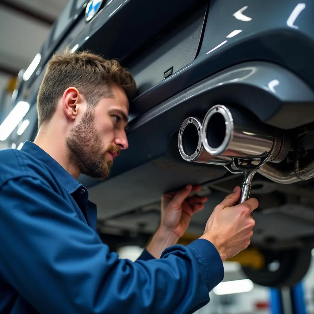 Mechanic Inspecting BMW Exhaust System