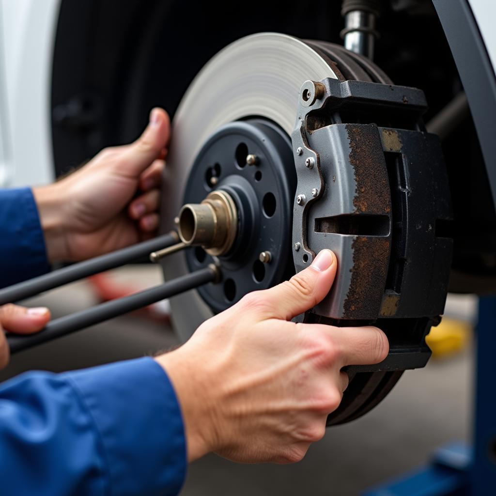 Mechanic inspecting car brake system during major service