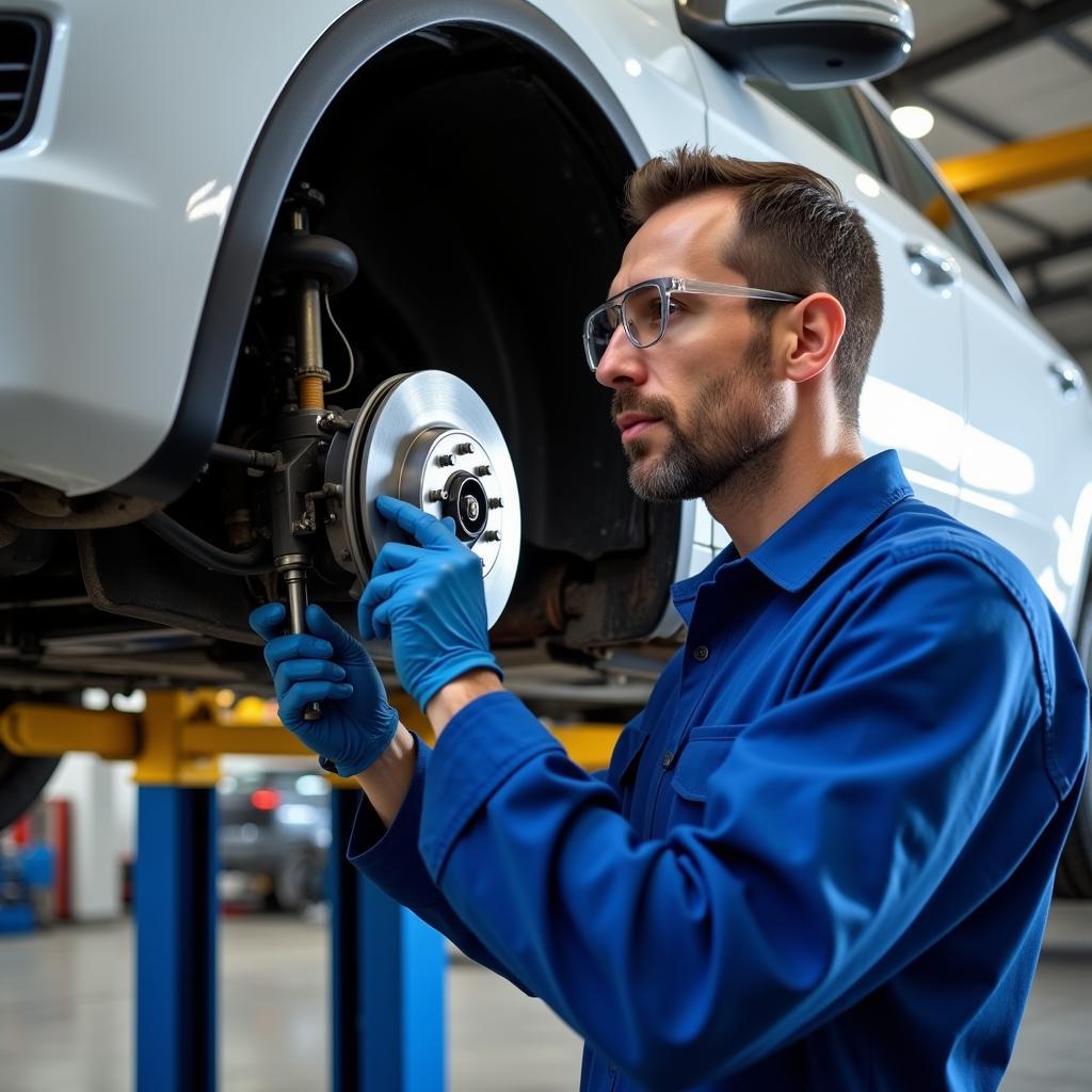 Mechanic checking car brakes during major service