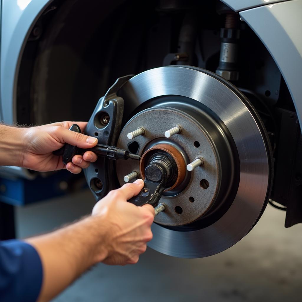 Close-up of brake inspection during car service