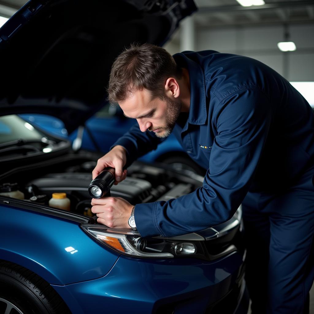 Mechanic performing a multi-point inspection on a vehicle