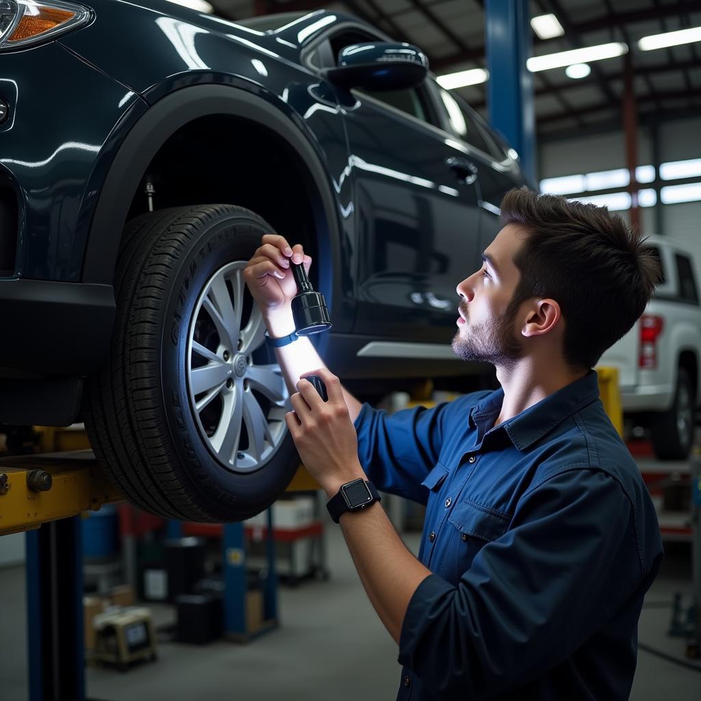 Mechanic inspecting car engine