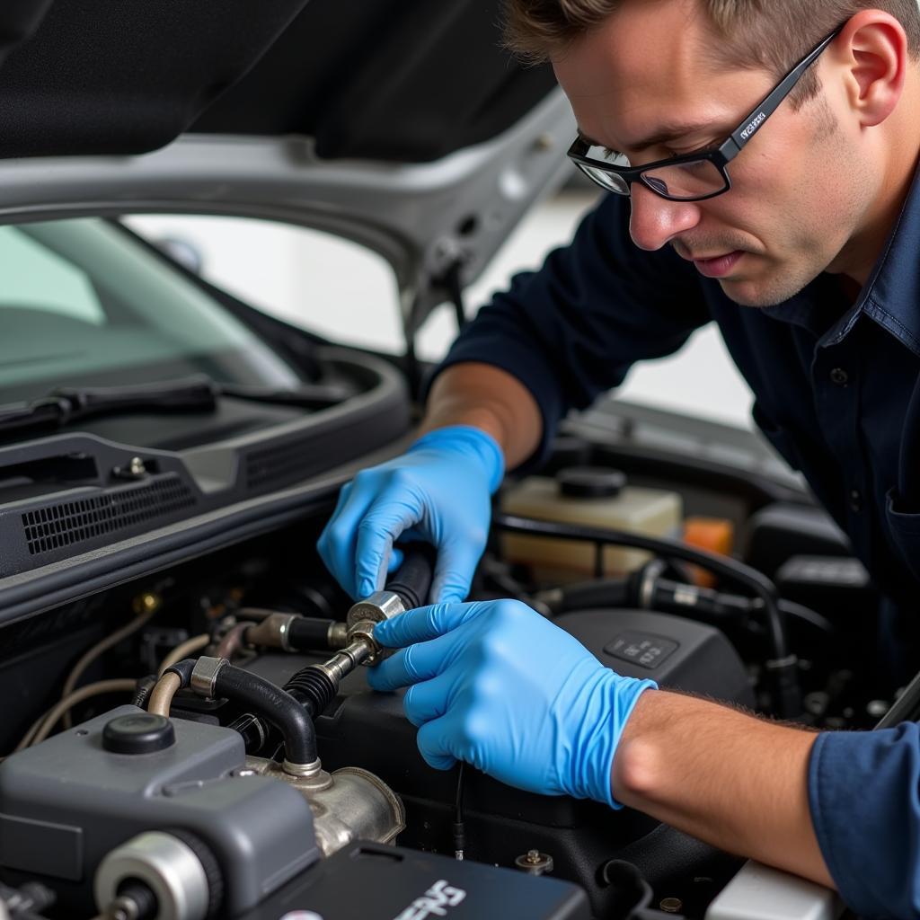 Mechanic Inspecting a Car's AC System