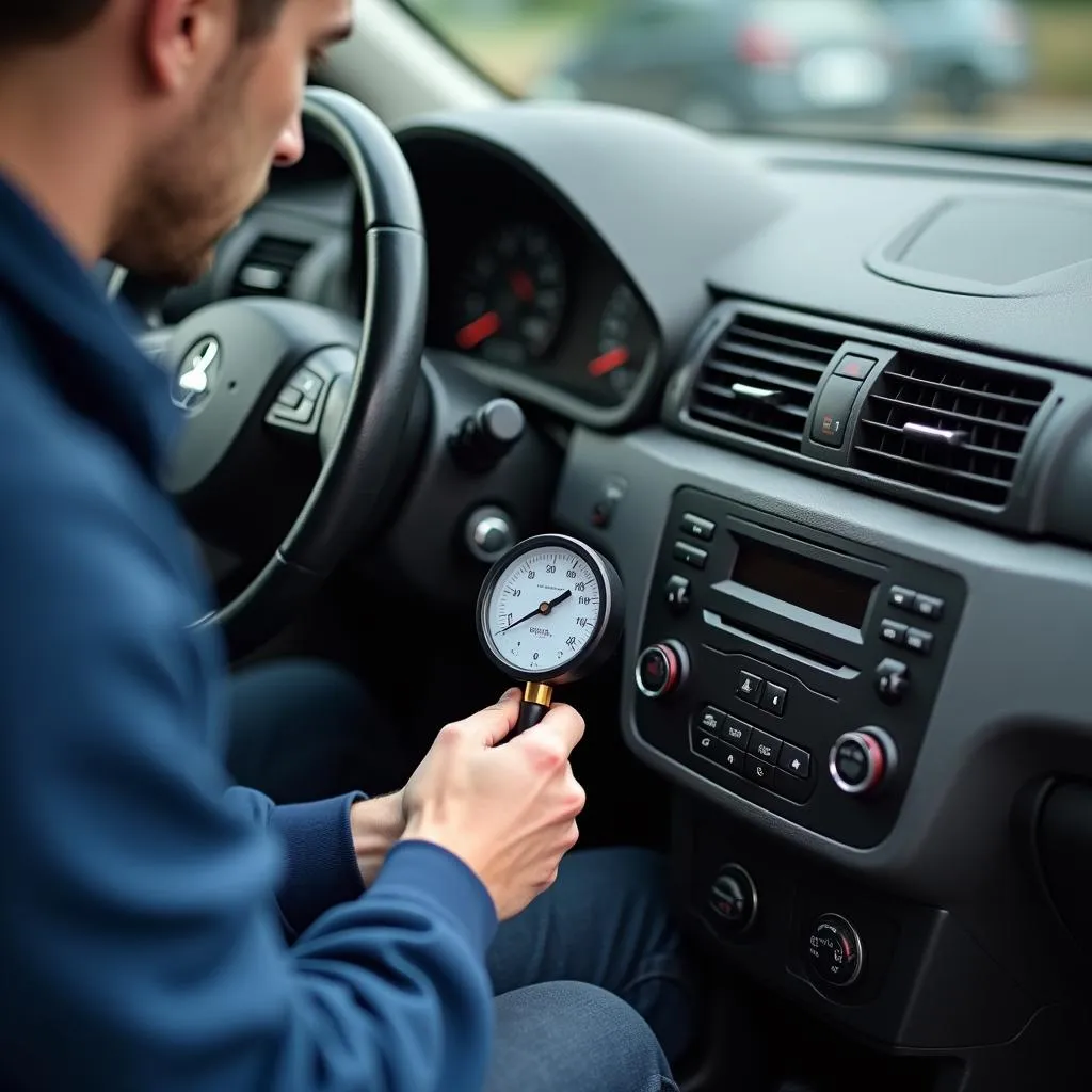 Mechanic Inspecting Car AC System