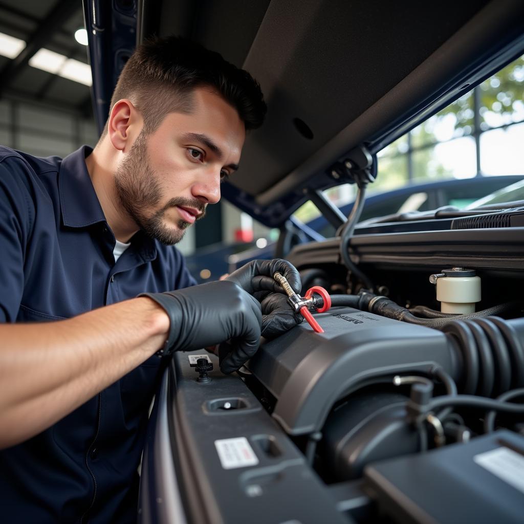 Mechanic Inspecting Car AC System