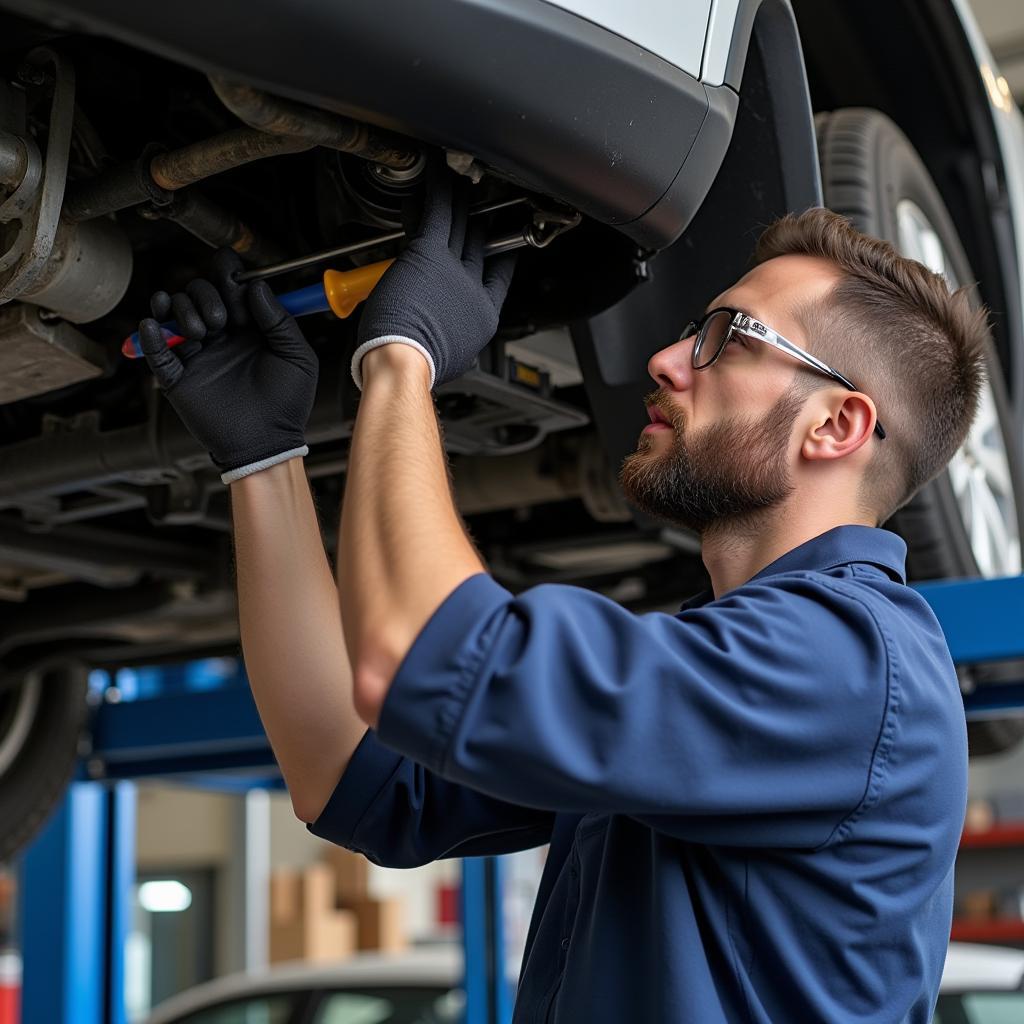 Mechanic inspecting a car AC system