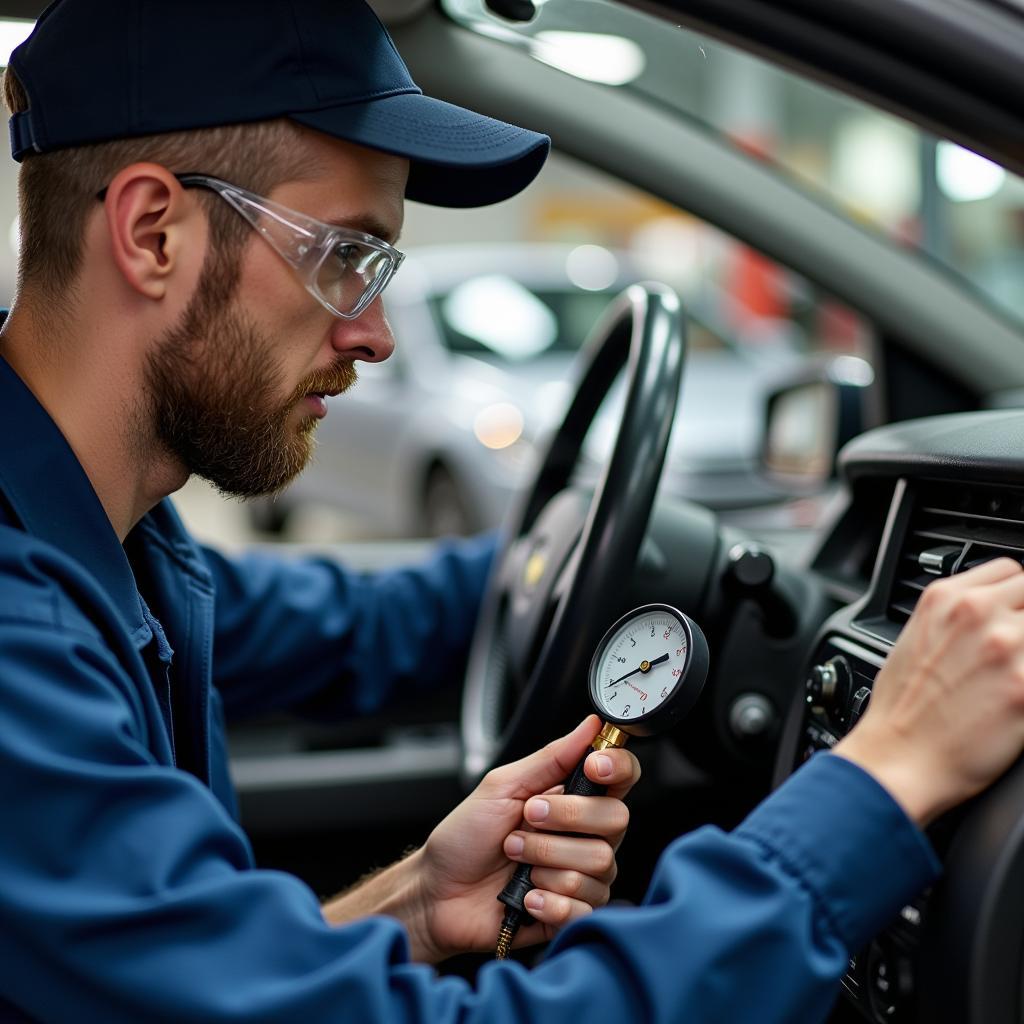 Mechanic Inspecting Car AC System 