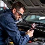 Mechanic inspecting car AC system