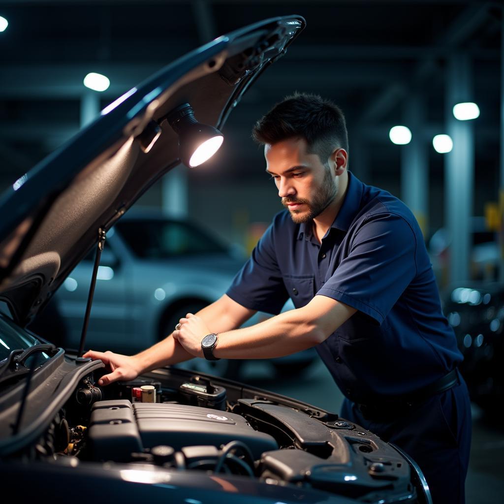 Mechanic inspecting a used car at Bishops Tawton