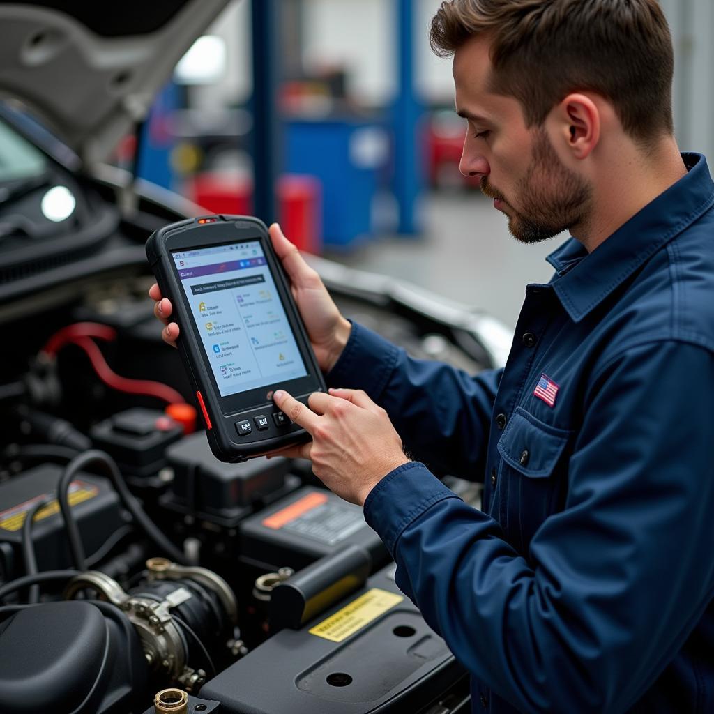 Mechanic Diagnosing Car Battery Issues with Advanced Tools