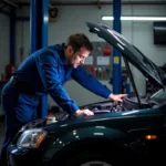 Mechanic inspecting a car in a Bologna garage