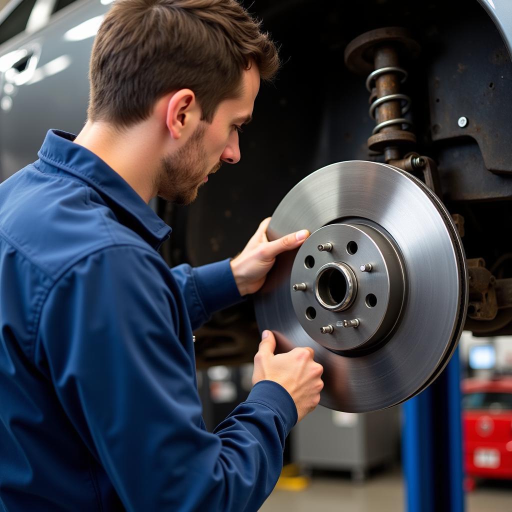 Mechanic Inspecting Car Brake Rotors for Wear and Tear