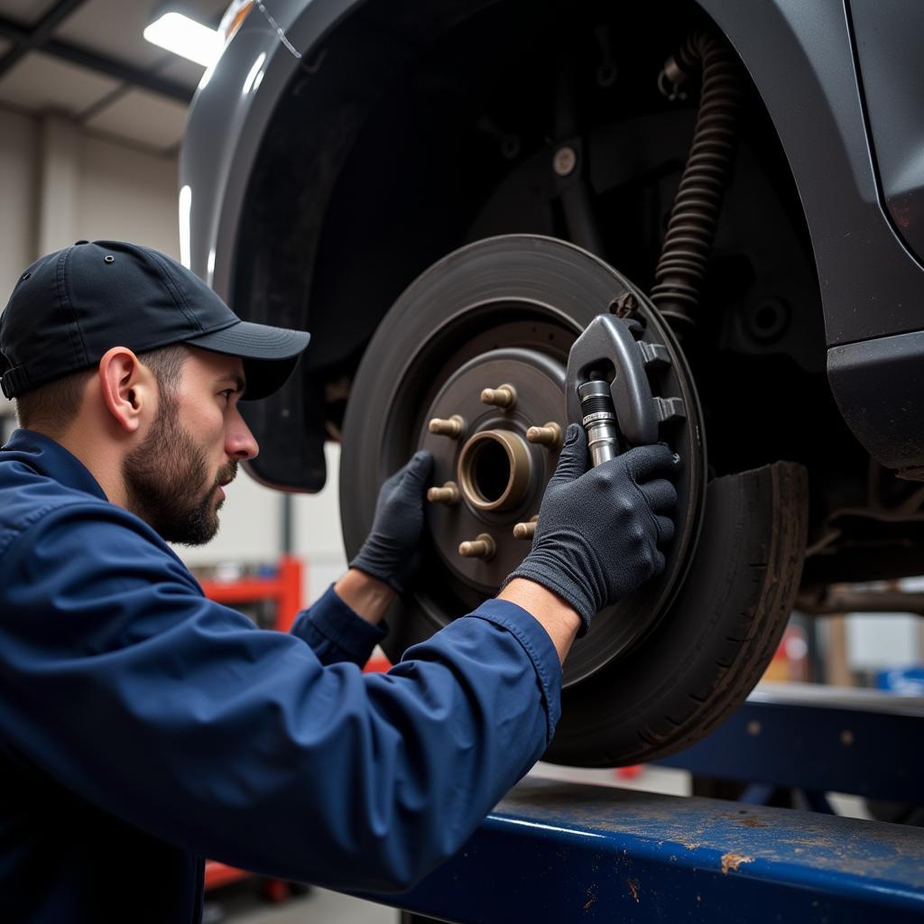 Mechanic inspecting car brakes