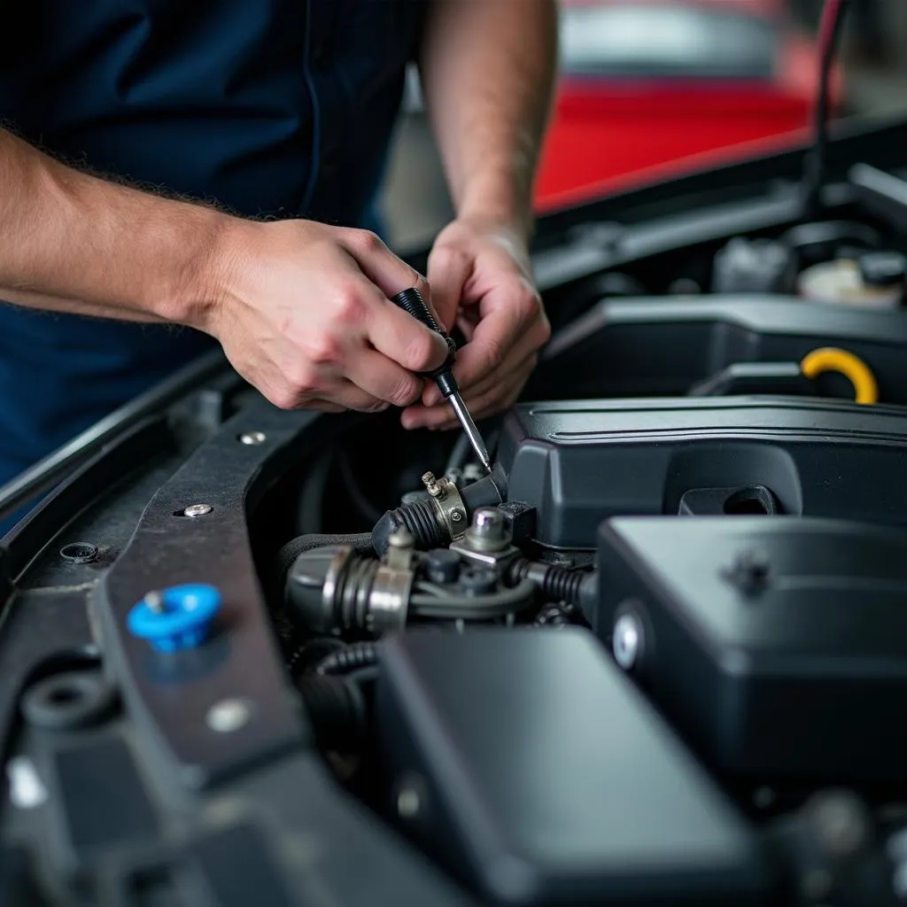 Mechanic inspecting a car engine in a repair shop