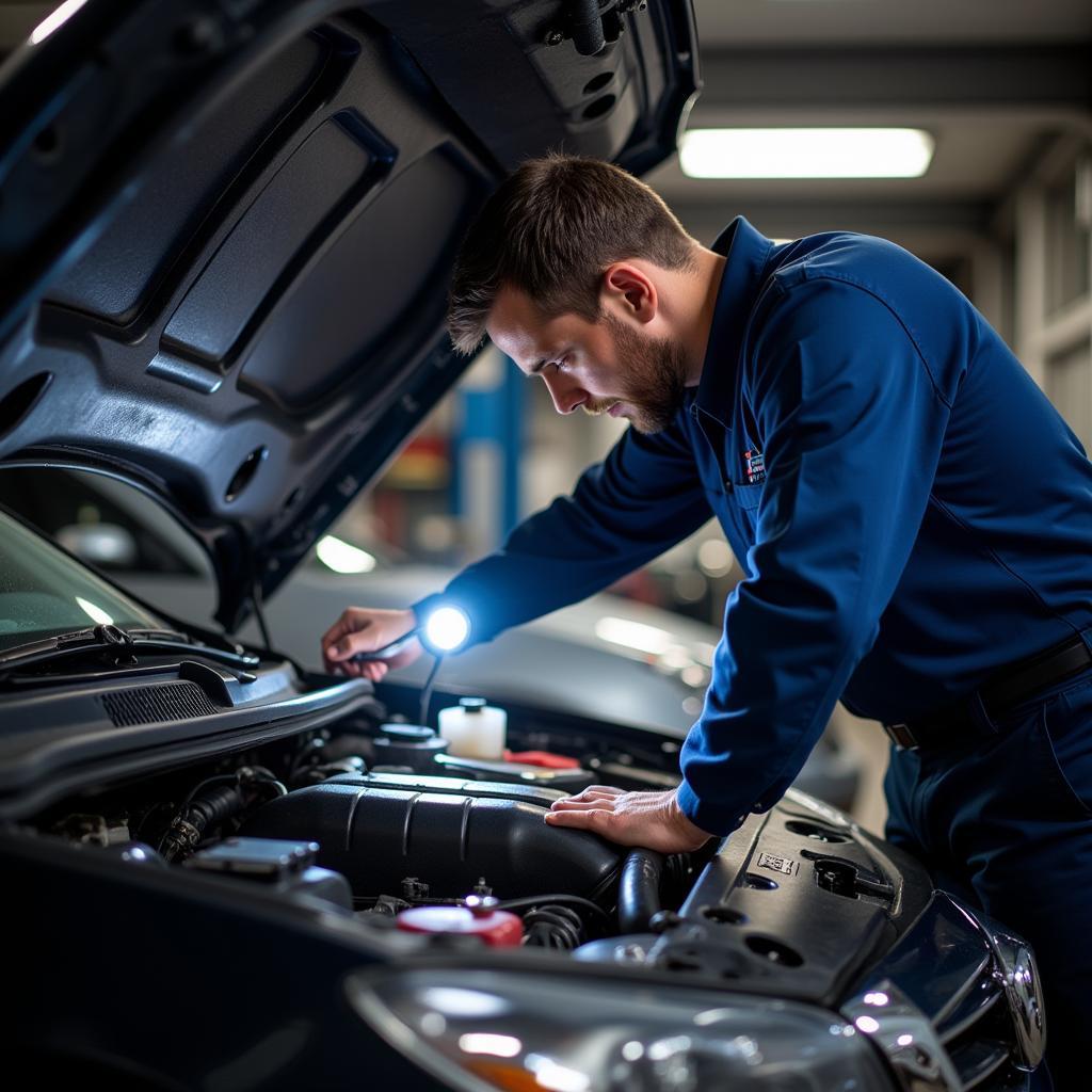 Mechanic examining car engine post-collision