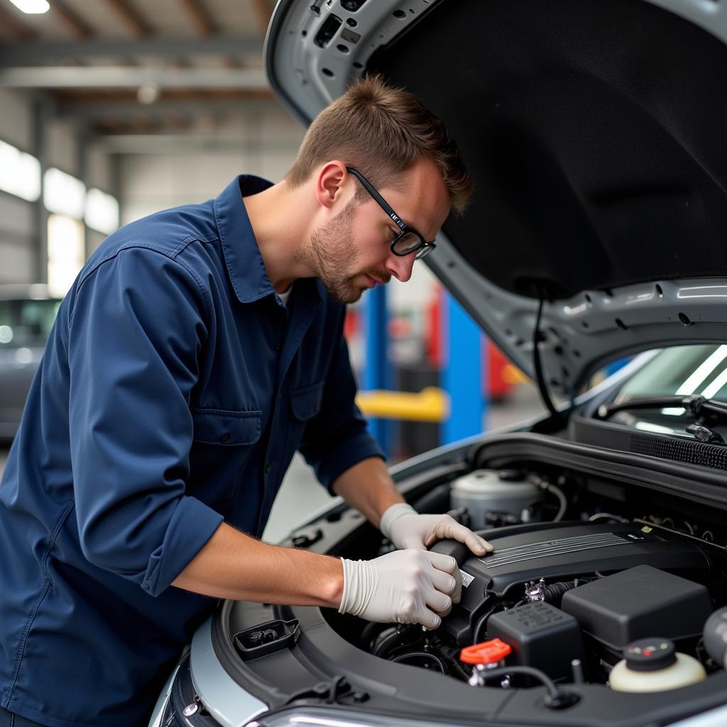 Mechanic inspecting a car engine during a pre-purchase inspection