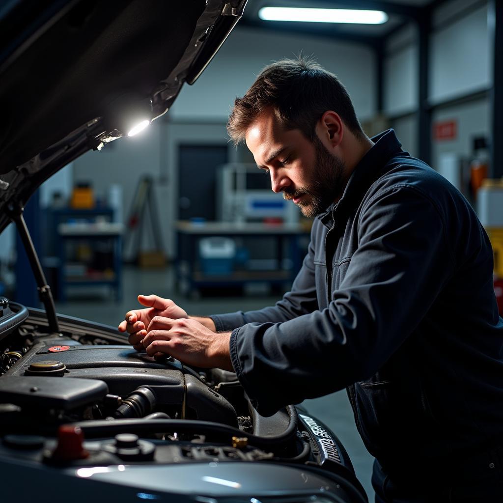 Mechanic inspecting a car engine in a London garage